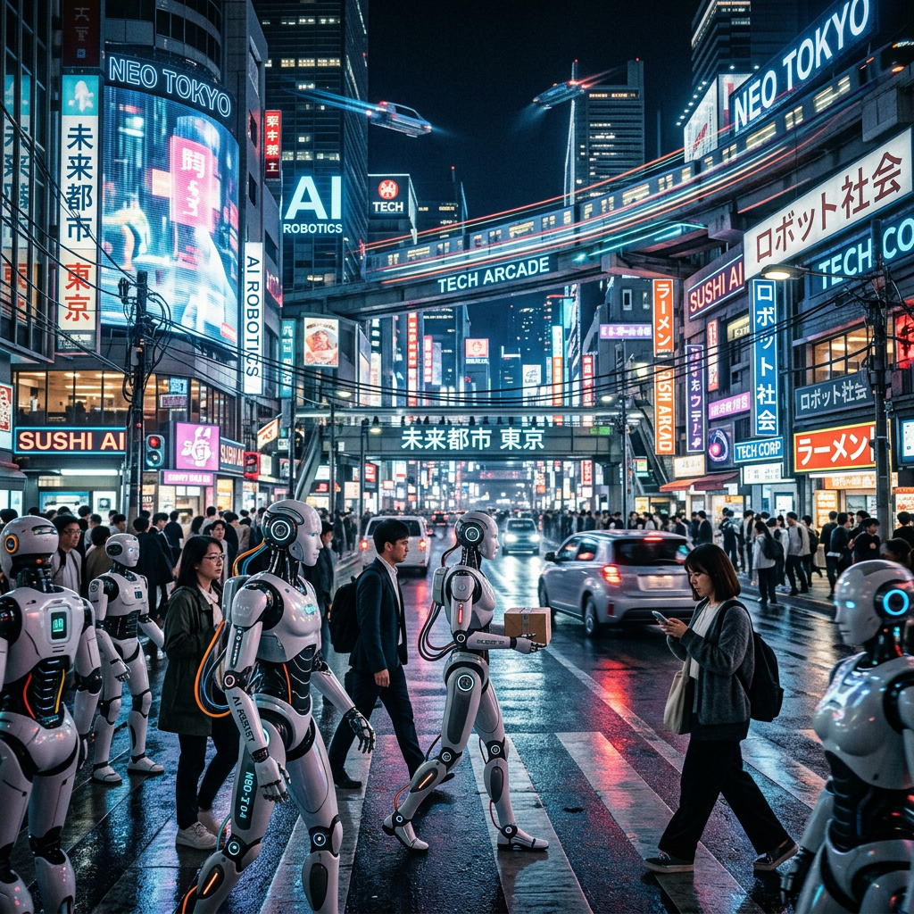 Robots and people crossing a busy crosswalk in a neon-lit futuristic Tokyo city at night