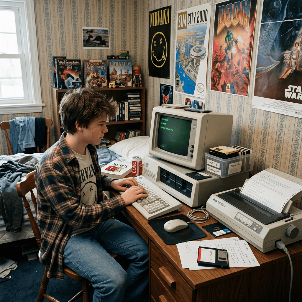 Teen typing on vintage computer with floppy disks and dot matrix printer