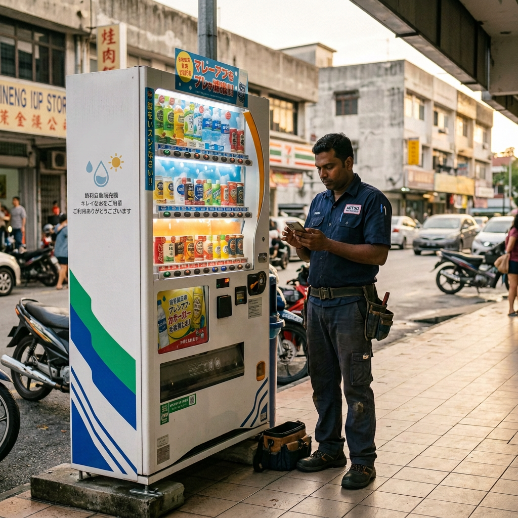 Technician in uniform standing next to a Japanese beverage vending machine outdoors