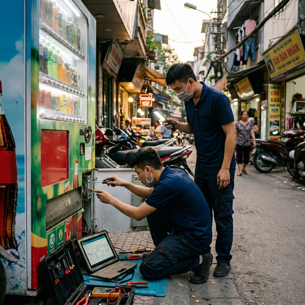 Two technicians repairing a Coca-Cola vending machine on a sidewalk with tools and a tablet